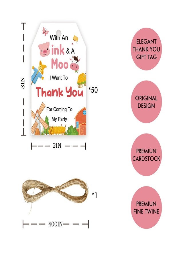 FORSHEEP 50pcs Barnyard Animal Thank You Tags, Farm Animals Gift Tag with String for 1st Birthday Party, Pig/Cow Thank You Paper Tags for Farm Themed Birthday/Gender Reveal Party Favors - Image 2
